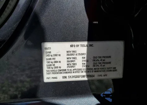 2021 Tesla Model Y из США, поврежденный, VIN 5YJYGDEF5MF209664